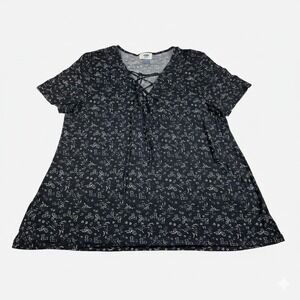 Old Navy Womens Size Medium Black Floral Lace Up V-Neck Short Sleeve Tunic Top